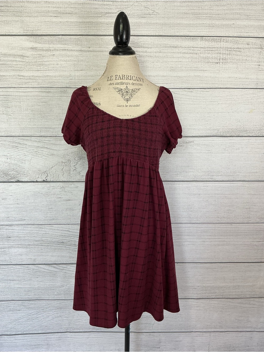 Women's Burgundy Plaid Smocked Empire Waist Dress